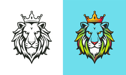 powerful abstract lion mascot logo. Lion with crown logo. Colorful rainbow lion logo for LGBTQ