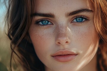 Fototapeta premium A close up of beautiful young women with blue eyes and brown hair