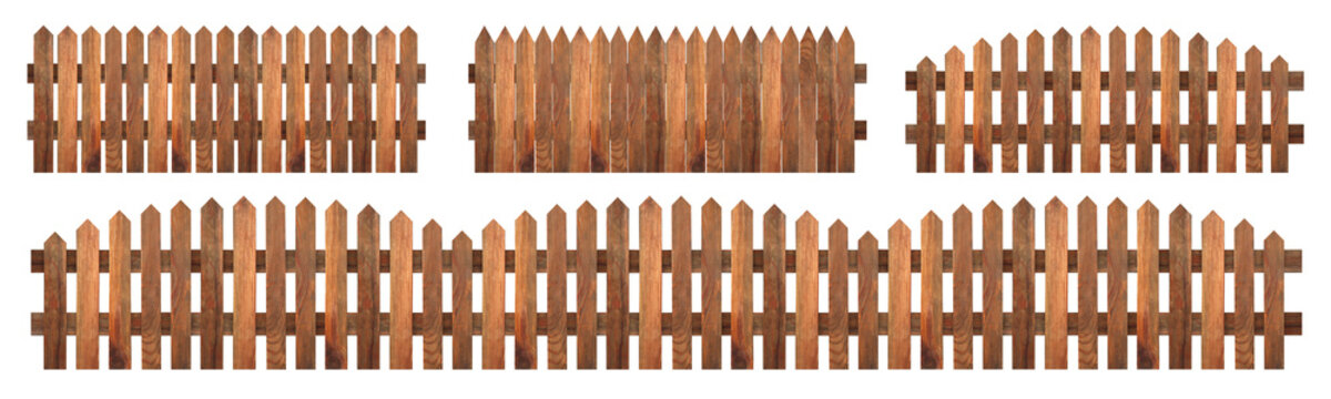 Different wooden fences isolated on white, set