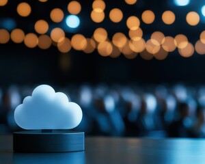Wide shot of a cloud computing seminar with a speaker presenting to a large audience in a conference hall