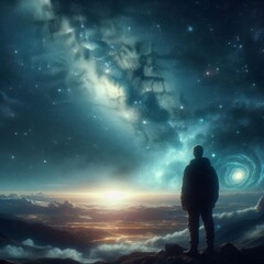 Obraz premium A silhouetted man stands on a mountain peak, contemplating the vast expanse of the cosmos with bright stars and galaxies illuminating the night. Perfect for adventure, exploration, and cosmic wonder