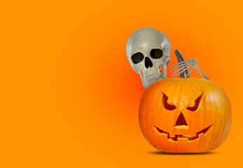 Scary skeleton touching spooky jack o'lantern on orange background, space for text. Halloween celebration