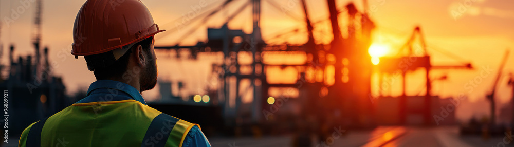 Poster advanced mechanical system controlling a massive cargo port, with engineers monitoring the infrastru