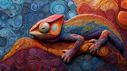 Semiabstract chameleon blending into a vibrant background of swirling patterns symbolizing adaptability and change