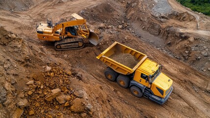 Gold mining trucks and excavation equipment working in an open-pit mine, Gold mining, heavy industry, natural resources