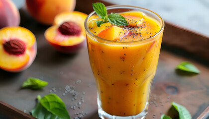 Fototapeta premium Tasty peach smoothie in glass on tray. Healthy drink