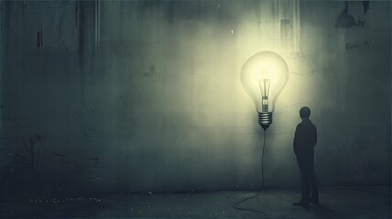 Obraz premium Man Contemplating Large Light Bulb Against Grungy Wall Symbolizing Ideas and Creativity