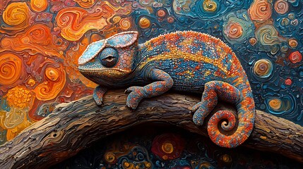 Semiabstract chameleon blending into a vibrant background of swirling patterns symbolizing adaptability and change