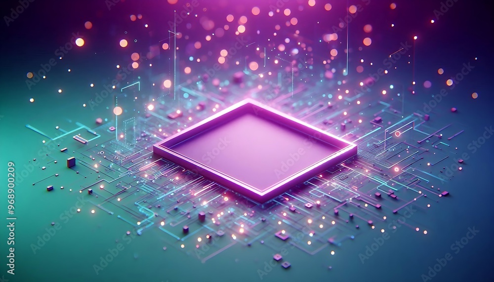 Poster a computer chip is surrounded by a purple background. the chip is surrounded by a lot of small squar