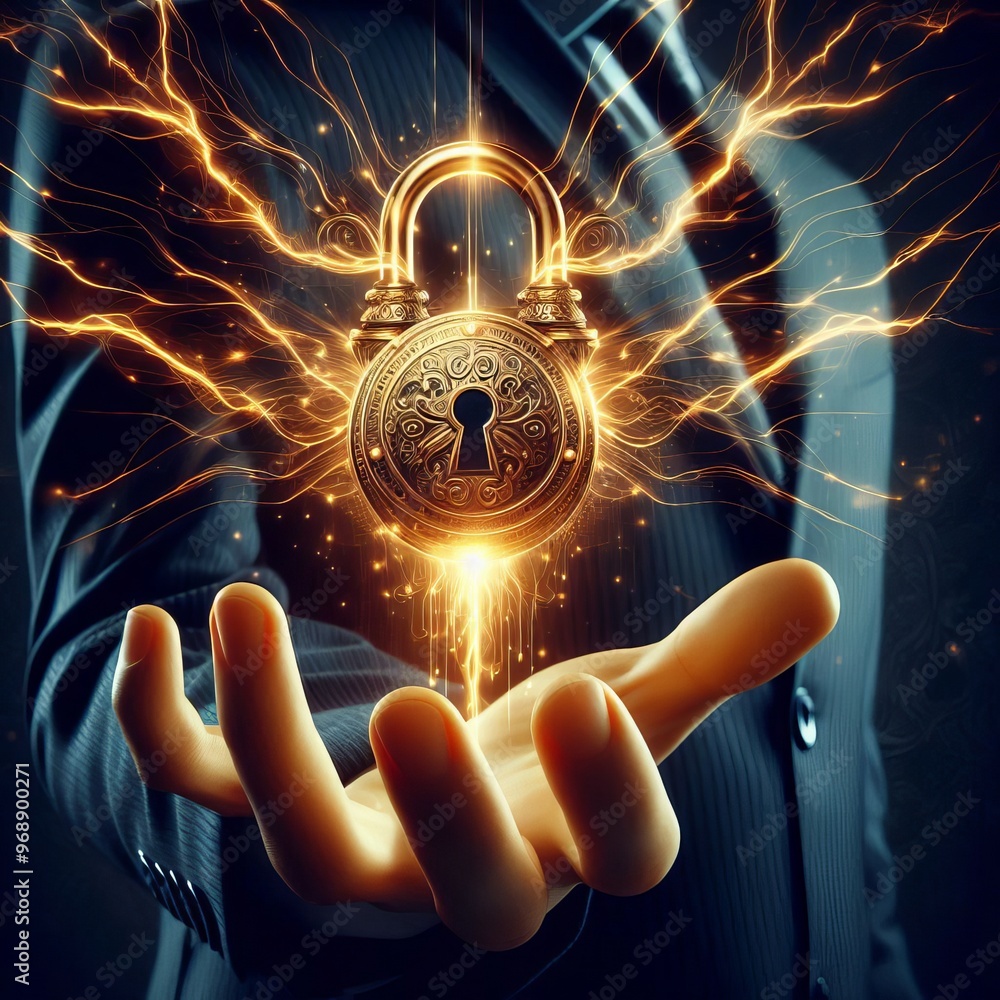 Poster a glowing and electrified padlock floating above an outstretched hand, illustrating the concept of s