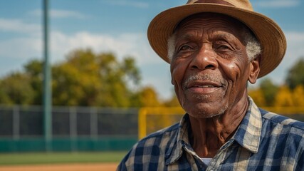 Elderly African American man with gray hair and mustache wearing brown hat and plaid shirt, standing in front of baseball field