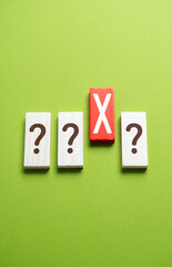 Question marks and red X. Test. Choose the wrong answer. Mistake correction. Potential risks....