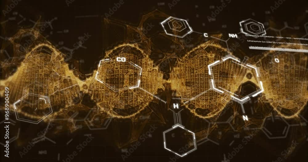 Poster animation of scientific data processing and dna strand over black background