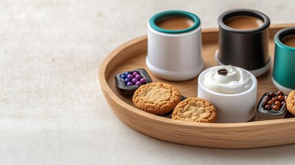Coffee capsules on a wooden tray, with cookies and cream, morning delight theme