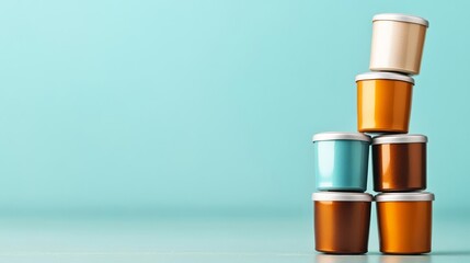 Fototapeta premium Coffee capsules stacked in a pyramid, creative arrangement, dynamic perspective