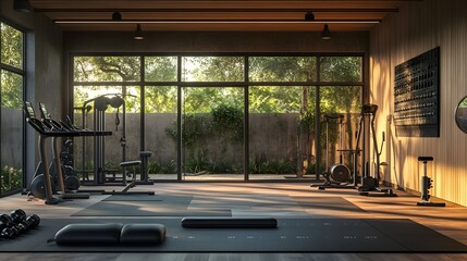 10. A well-equipped home gym with various fitness gear and a motivational atmosphere