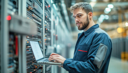 It specialist using laptop while monitoring server status in data center
