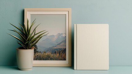 Hardcover book mockup standing in front of a framed photo, Book mockup, home decor, artistic presentation