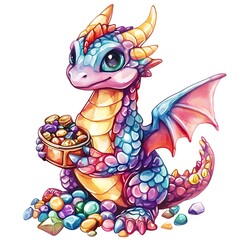 Cute Watercolor Dragon Holding Gems.