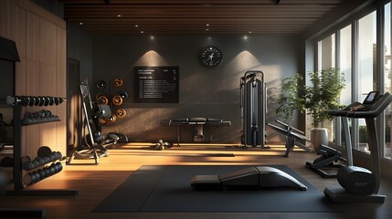 10. A well-equipped home gym with various fitness gear and a motivational atmosphere