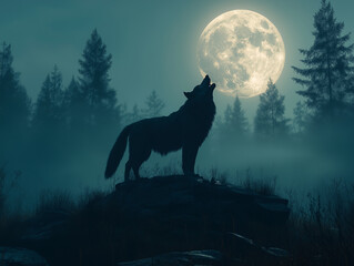  Wolf howling at the full moon in a forest