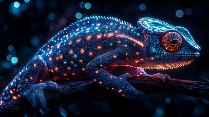Semiabstract chameleon with neon patterns shifting across its body symbolizing adaptability and change