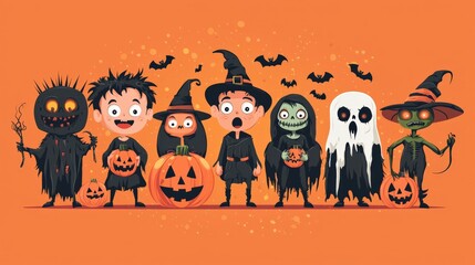 scary halloween pumpkin illustration on orange background. 2d concept for postcard vector print with free space editing or text  