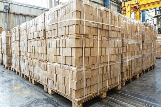 Pallets of stacked and strapped wooden blocks