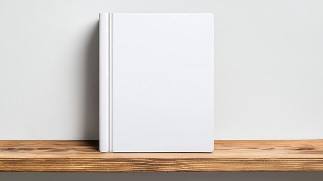 Hardcover book mockup with a clean white cover standing upright on a wooden shelf, Book mockup, professional design, book cover showcase