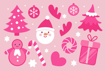 Fototapeta premium Festive pink christmas sticker collection featuring trees, snowman, and gifts