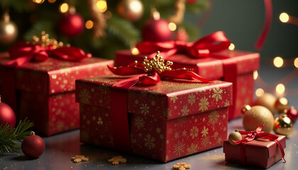 Obraz premium New Year's background with red gift boxes