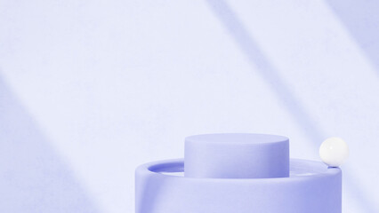 Background featuring an empty product display mockup with a purple backdrop and abstract geometric platforms designed for showcasing merchandise in landscape orientation.