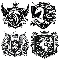 Obraz premium Royal unicorn crest vector illustration, black and white, perfect for heraldic designs