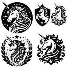 Fototapeta premium Mythical unicorn vector illustration, black and white crest designs, magical symbols, emblems