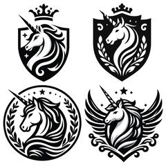 Obraz premium Black and white unicorn crest vector illustration set, perfect for emblems and logo designs