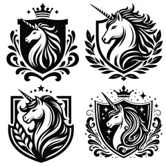 Obraz premium Heraldic unicorn crests in black and white, vector illustration, decorative emblems set