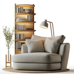 A cozy reading nook featuring a plush chair, bookshelf, and warm lighting.