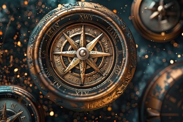 Obraz premium Vintage compass floating in space surrounded by fantasy ambience depicting time travel. Generative Ai