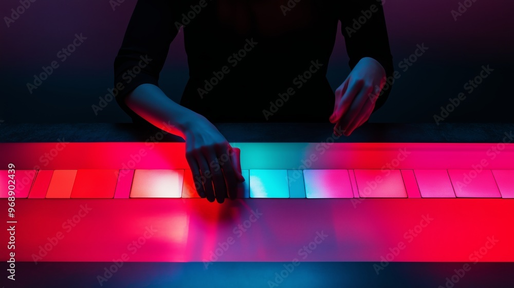 Aufkleber a creative artist experimenting with colorful lights and patterns at a modern workspace during eveni