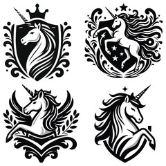 Fototapeta premium Heraldic unicorns in black and white vector illustrations, ideal for logo design and branding
