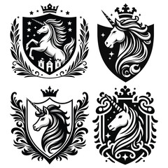 Fototapeta premium Heraldic unicorn emblem illustrations, black and white, vector art representing nobility and fantasy