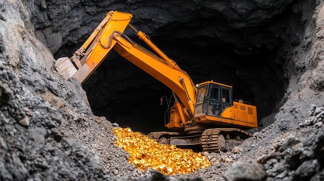 Miners operating heavy machinery in a deep underground gold mine, Gold mining, labor-intensive industry, resource extraction