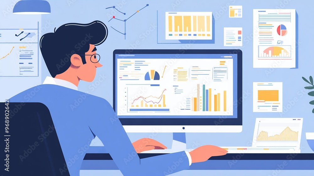 Poster a man sits at his desk looking at a computer screen full of charts and graphs.