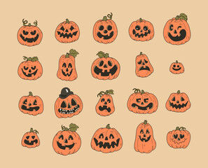 Set of Halloween Pumpkins , Pumpkins Different Shapes Silhouette Set in retro cartoon style, Scary Spooky Carving Pumpkins hand drawn vector illustrations