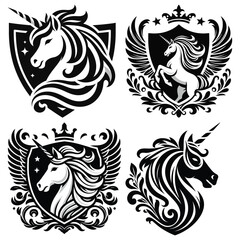 Heraldic unicorn symbols in black and white vector illustration, mystical crest design, royal emblems
