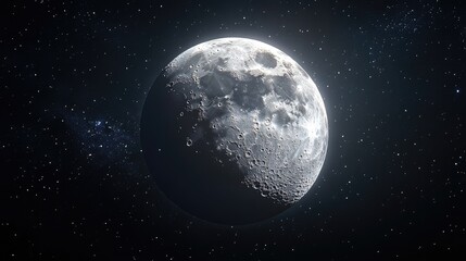 Fototapeta premium Close-up panoramic shot of the moon with its textured surface illuminated against the vastness of space. No people. No logo.