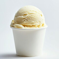 A single scoop of vanilla ice cream in a plain white paper cup, with a clean and minimalist presentation