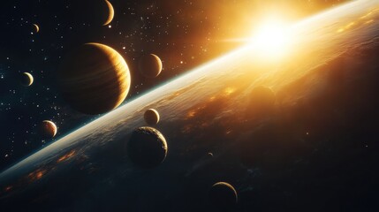 Obraz premium Close-up panoramic shot of the solar system in space, with planets in alignment against a dark cosmic backdrop. No people. No logo.