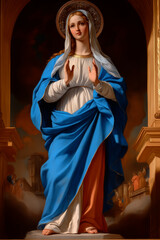 A serene depiction of the Virgin Mary standing with hands raised and draped in blue and white garments