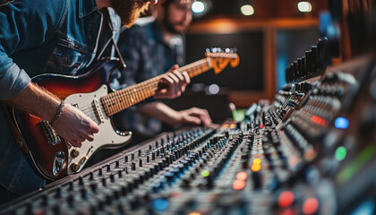 Music producer playing electric guitar and recording in music studio